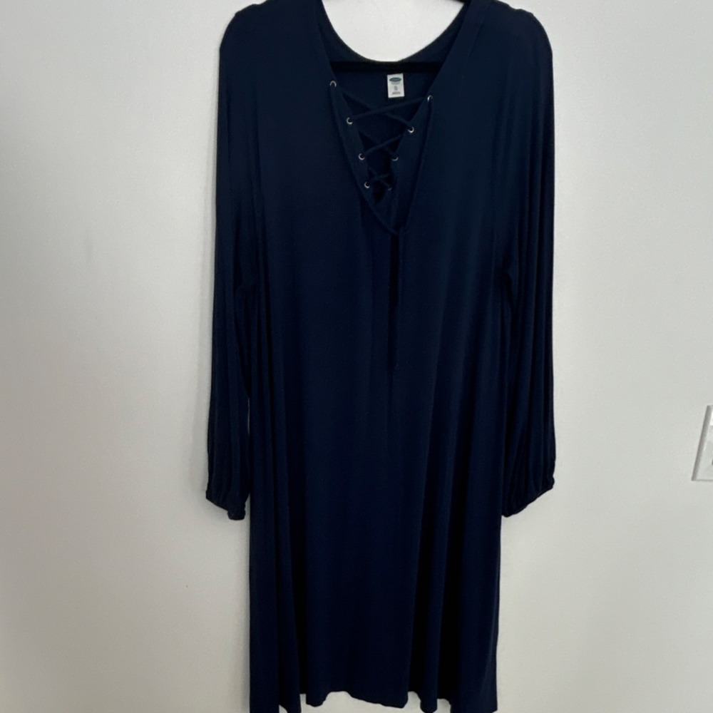 Old Navy XL Navy Blue Knit A-Line Dress Lace-Up Long Sleeveβ V-Neck XL